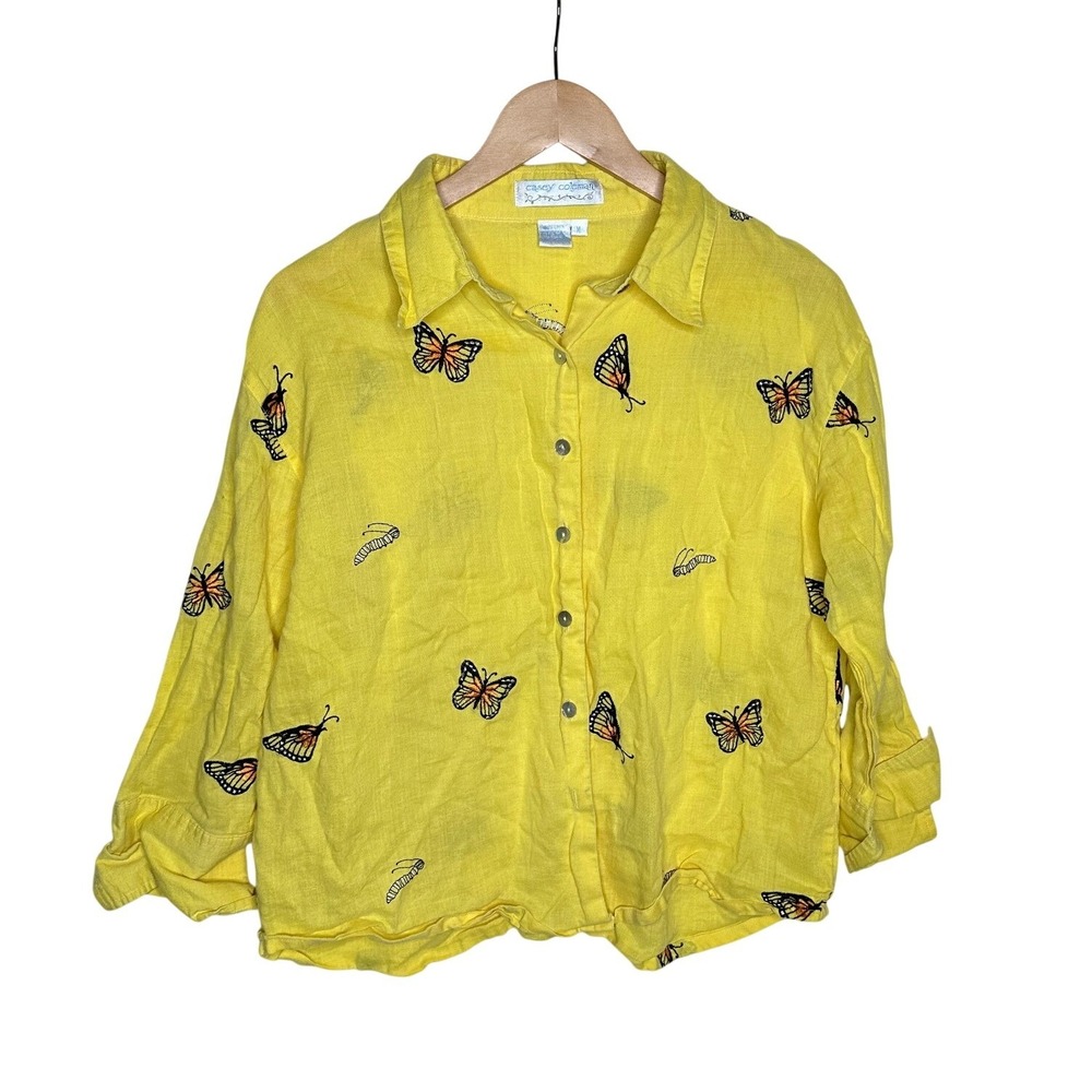 Casey Coleman Womens Yellow Button Down Size Medium Butterfly Print Linen Blend